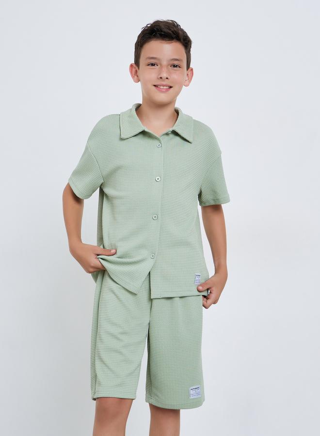 ستايلي مجموعة من شورت وبلوزة محبوكة بنمط وافل - Image 2